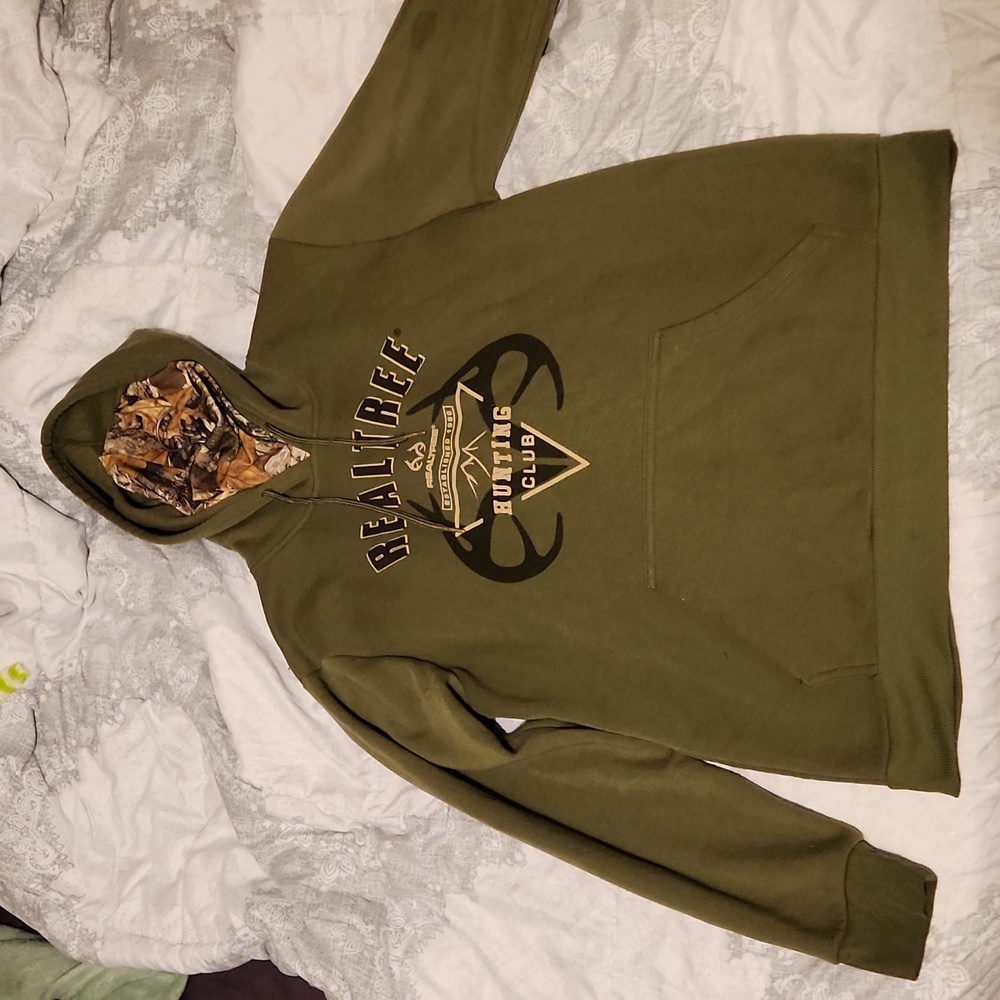 Real Tree Green Hunting Spellout Pull Over Hoodie Sweater With Camo Neck Liner